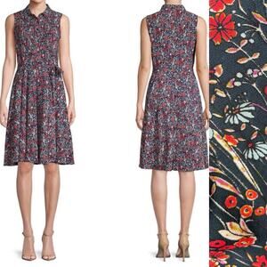 Nanette Lepore Navy Blue Floral Dress Sleeveless Red Sz 4  Button Front Belt
